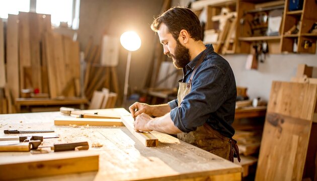 Carpenter working with wood in workshop