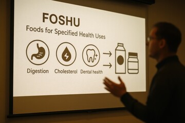 A presenter explains the FOSHU concept with icons for digestion, cholesterol, and dental health on a projected screen in a health seminar.