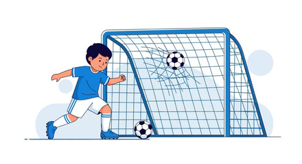 Fototapeta premium A Young Soccer Player Kicking The Ball With Skill Into The Goal Against A White Background