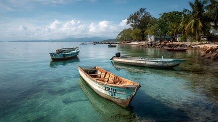 Fototapeta premium Small Fishing Boats Anchored Near Tropical Island Shore with Calm Ocean Background