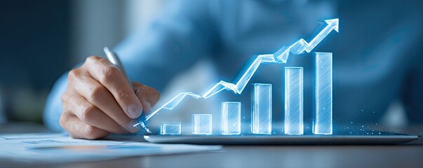Person analyzing growing bar graph on a tablet