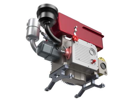 High-Resolution 3D Render of a Red and Silver Single-Cylinder Diesel Engine on Transparent Background - Ideal for Industrial, Mechanical, and Power Generation Projects with Detailed Engineering Design