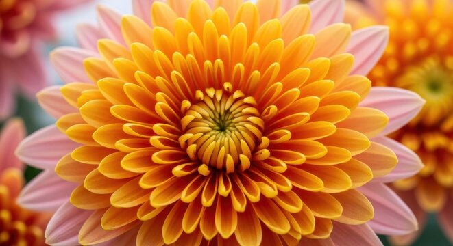 Vibrant orange and pink chrysanthemum flower in full bloom with detailed petals