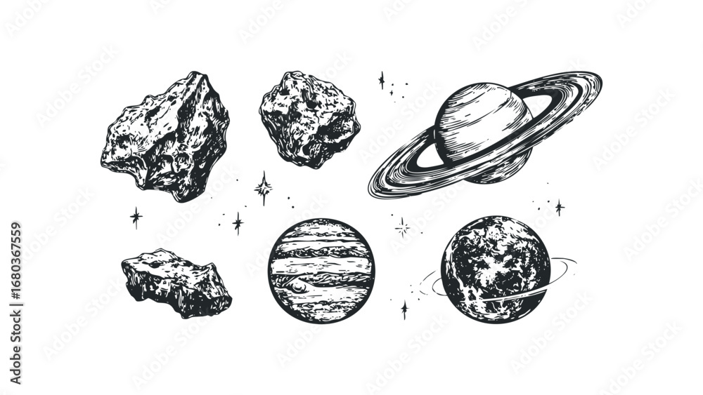 Wall mural cosmic planets and asteroids on white background. vector hand drawn illustration