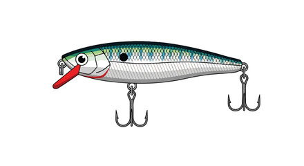 Detailed illustration of a colorful fishing lure with hooks isolated on a white background illustrating recreational fishing bait and tackle