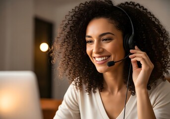Smiling woman with curly hair wearing a headset working at a laptop representing customer service and remote work