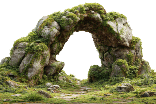 Rocky archway, overgrown with moss, leading to a dark opening