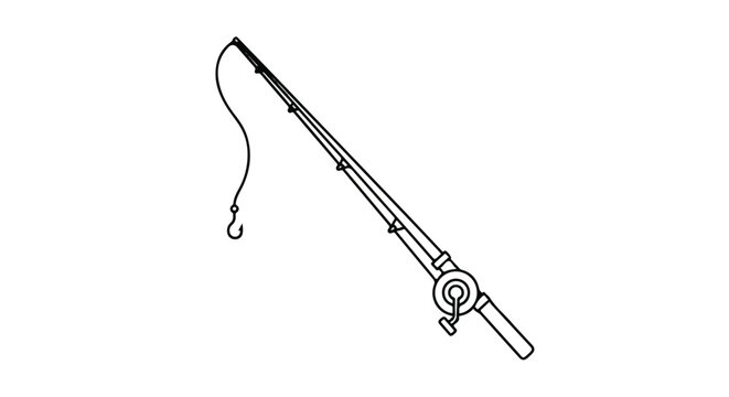 Monochrome depiction of a fishing rod with a curved line and visible hook, presented against a stark white backdrop for clarity and focus