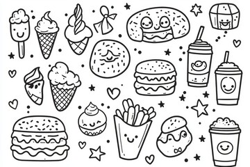 Kawaii fast food coloring page with cute hot dogs, pizza, burgers, fries, ice cream, soda, stars and hearts, simple black line art for kids and Valentine’s Day theme