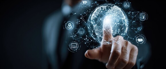 A hand touches a glowing, interconnected digital globe representing global technology and data