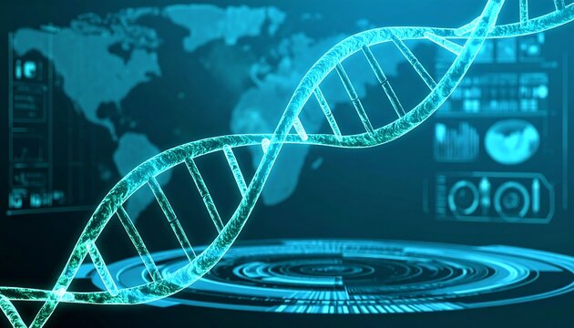 Glowing teal DNA helix on futuristic interface - Powered by Adobe