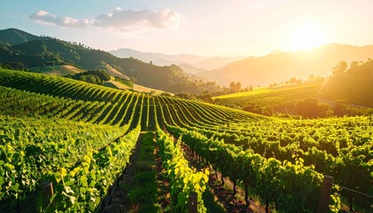 Naklejka premium Picturesque Vineyard Landscape at Sunset with Hills and Vine Rows