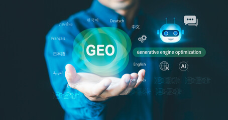 Ai architecture concept. GEO generative engine optimization, Businessmen use agentic AI to rank search engines, data analysis, with assistants, Artificial Intelligence technology, internet chatbot