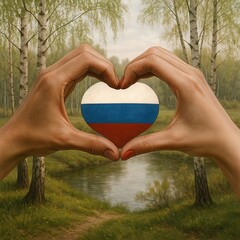 Two hands form a heart shape framing a heart with the Russian flag, set against a serene birch forest landscape. Generated AI.
