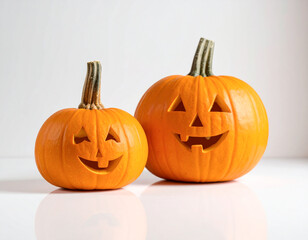 Two bright orange pumpkins of different sizes on clean surface, soft shadows, minimal cozy Halloween atmosphere