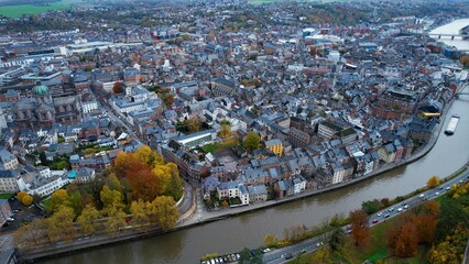 An aerial panorama view around the downtown of the City Namur In Belgium on a cloudy spring afternoon