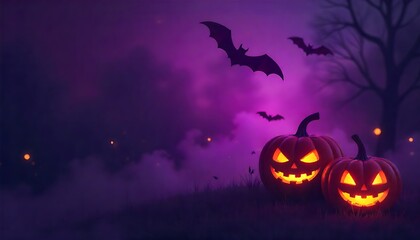 Fototapeta premium Spooky Halloween night with glowing jack-o'-lanterns and flying bats against a dramatic purple sky