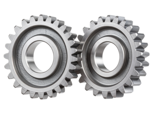 Two polished steel gears positioned side by side, teeth interlocked as if part of a l 57352