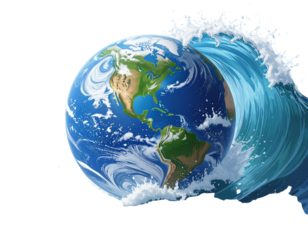  Globe Encased in Rising Water Wave, Angled Side View, Isolated