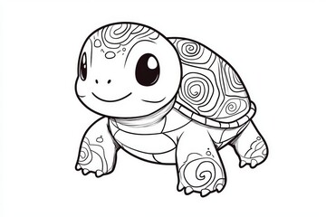 Cute turtle coloring page with swirly shell pattern, simple cartoon line art in kawaii style, minimal black and white outline for kids