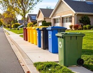 trash and recycling bins lined up at the street in a suburban neighborhood