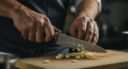 Close-up of chef delicately mincing garlic cloves on a wooden cutting board with professional knife in a restaurant kitchen