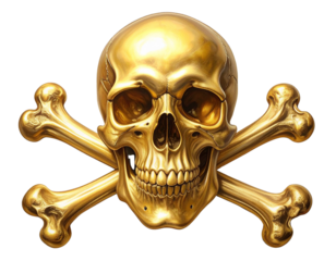  Golden Skull and Crossbones Front View with Shiny Metallic Finish, Isolate