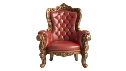 Luxurious red leather armchair with ornate gold trim exudes regal elegance and comfort.