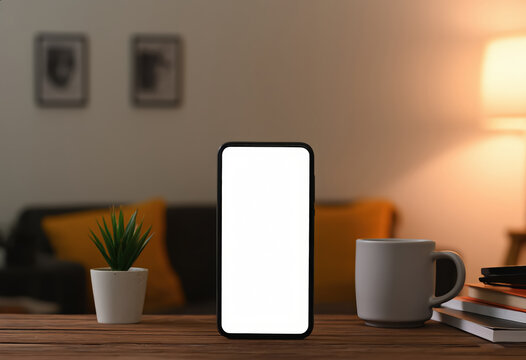 A sleek smartphone with a blank screen sits on a wooden desk, surrounded by plants and a cozy coffee cup