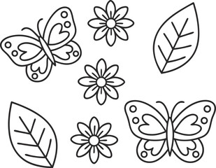Obraz premium A charming collection featuring delicate butterflies, flowers, and leaves, perfect for adding a touch of nature to your creative projects
