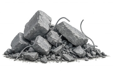 Concrete rubble with exposed rebar, scattered fragments creating textured debris pile against transparent background, representing demolition waste