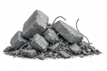 Concrete rubble with exposed rebar, scattered fragments creating textured debris pile against transparent background, representing demolition waste