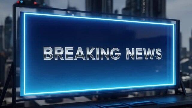 Blue Illuminated Breaking News Sign Displayed Against City Skyline Digital Information Broadcasting Alert