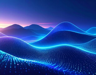 Abstract background of flowing binary code wave of glowing dots with smooth gradient lighting