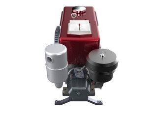 High-Resolution 3D Render of a Red and Silver Single-Cylinder Diesel Engine on Transparent Background - Ideal for Industrial, Mechanical, and Power Generation Projects with Detailed Engineering Design