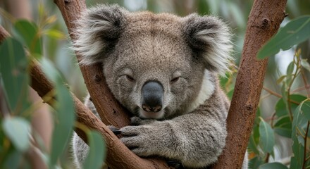 Fototapeta premium A serene moment with a koala peacefully sleeping in its natural habitat