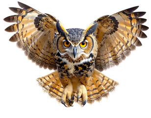 Great Horned Owl with Wings Spread Wide, Front-Facing Flight, Isolated