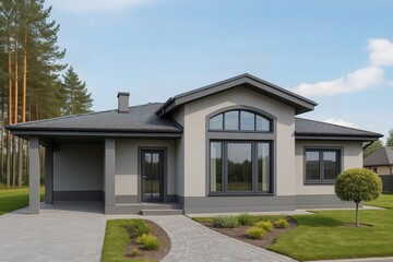 Modern single-story house with large windows, gray facade, and a neat front yard surrounded by trees. Generated AI.