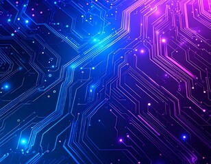 Obraz premium Overhead view of glowing neon circuit board with AI neural network pattern