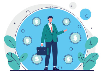 Confident businessman presenting financial success with dollar symbols, ideal for investment, banking, and wealth management