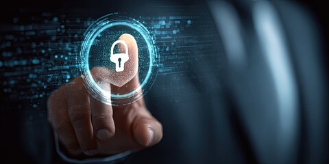 Hand touches a digital lock icon, overlaid with a graphic of code