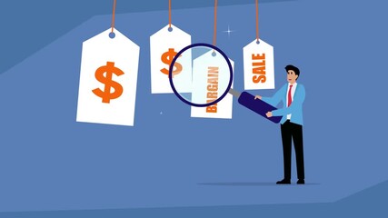 A businessman using a magnifying glass to inspect price tags, symbolizing the concept of bargain hunting, shopping for a sale, and finding the best price cartoon animation