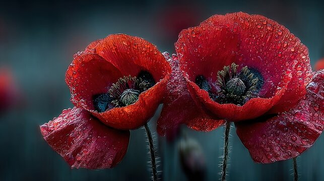 Red poppies in a misty field, symbolic image for Remembrance Day, Poppy Day, Veterans Day, Anzac Day