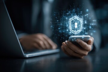 Person holding phone, security shield graphic overlay, laptop visible