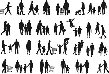 Silhouette set of diverse families walking together, shopping carts, children playing, parents holding hands, outdoor activities, bonding, love, parenting, urban lifestyle, community, happiness