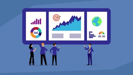 A business team analyzing a giant dashboard with charts and graphs, symbolizing data analysis, business intelligence, and a global strategy meeting cartoon animation - Powered by Adobe