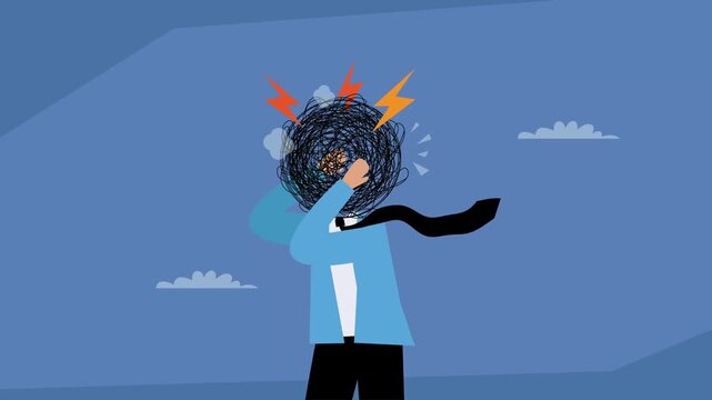 A stressed businessman holding his head, which is filled with tangled lines and lightning bolts, symbolizing stress, anxiety, burnout, and mental pressure from work cartoon animation