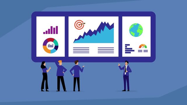 A business team analyzing a giant dashboard with charts and graphs, symbolizing data analysis, business intelligence, and a global strategy meeting cartoon animation - Powered by Adobe