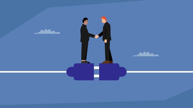 Two businesspeople shaking hands on top of two connected power plugs, symbolizing business partnership, successful deal, and corporate merger cartoon animation
