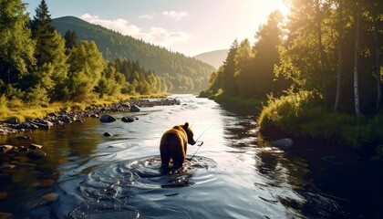 Brown Bear Fishing Adventure in a Serene Mountain River Scenery at Sunrise